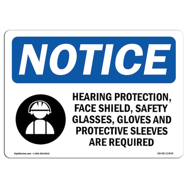 OSHA Sign, Hearing Protection Face Shield With Symbol, 18in X 12in Aluminum, 18" W, 12" H, Landscape
